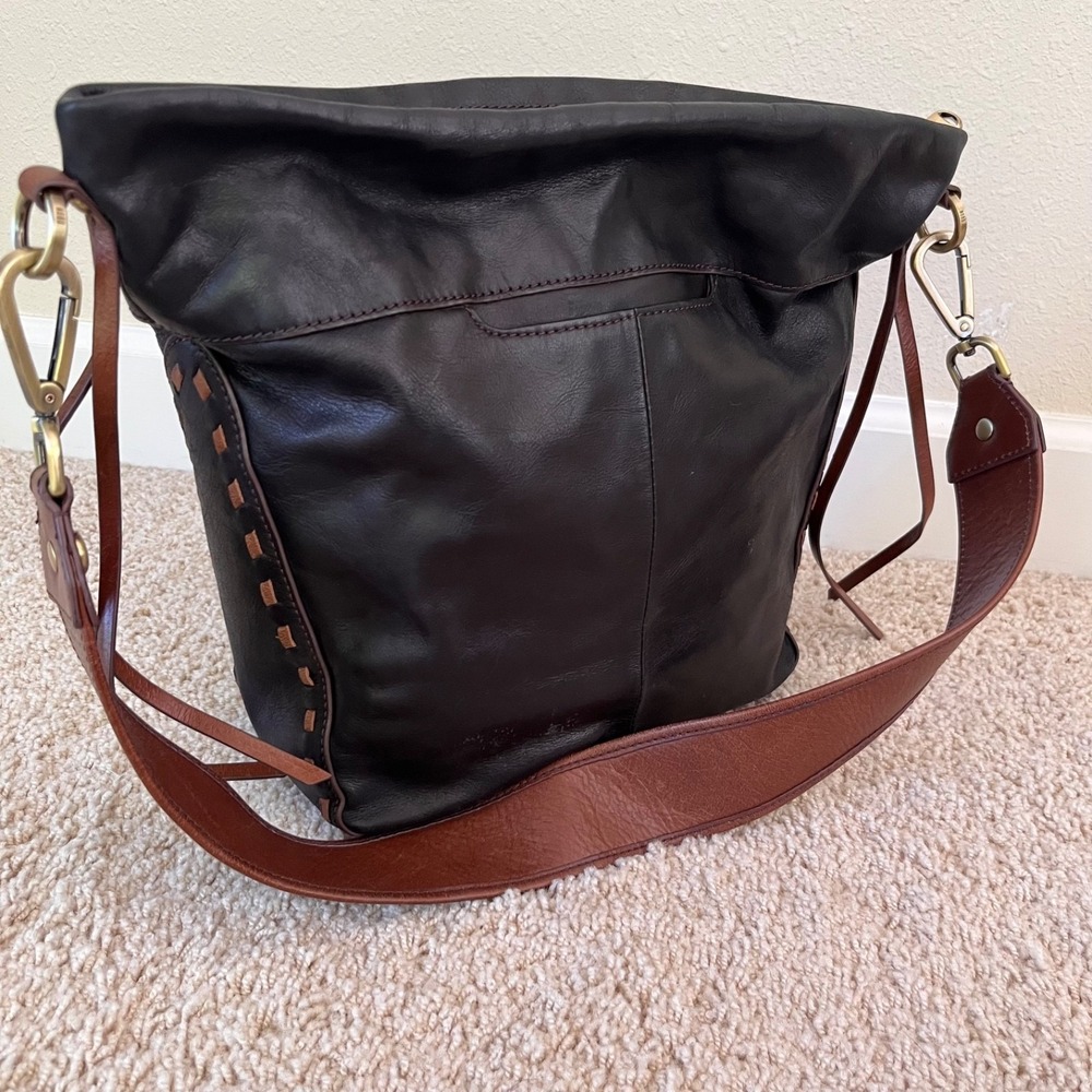 Hobo International Shoulder Bag Black Brown Whipstitch Phone Pocket Y2K Boho